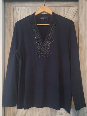 Jones New York Navy Beaded V-Neck Long Sleeve Top